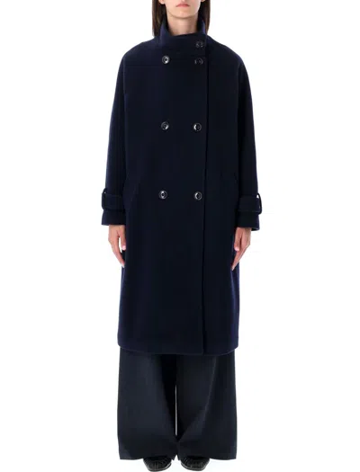 Sessun Navy Wool Double-breasted Coat With High Collar In Blue