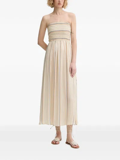 Sessun Shirred Striped Midi Dress In Neutral