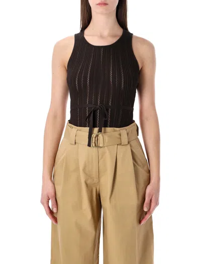 Sessun Sleeveless Ribbed Knit Bodysuit With Waist Tie In Brown