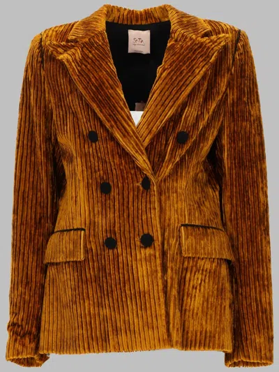 Se-ta Double-breasted Ribbed Jacket In Brown