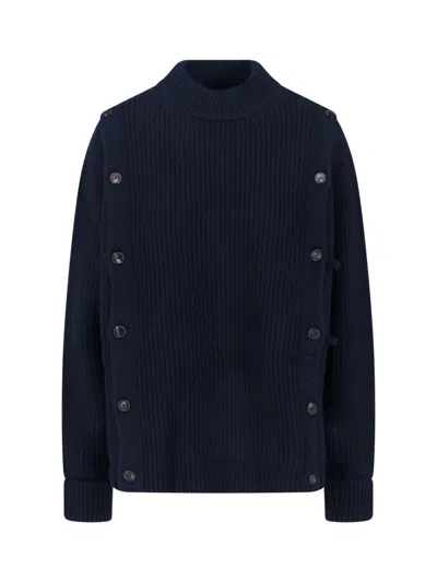 Setchu Ribbed Turtleneck Sweater With Side Button Detail In Blue
