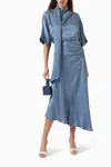 Setre Asymmetrical Blouse And Ruched Midi Skirt Set In Blue In Blue