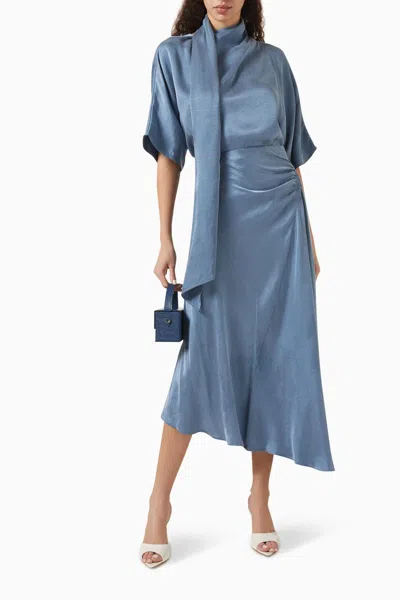 Setre Asymmetrical Blouse And Ruched Midi Skirt Set In Blue