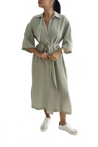 Setre Belted Midi Shirt Dress In Green In Gray