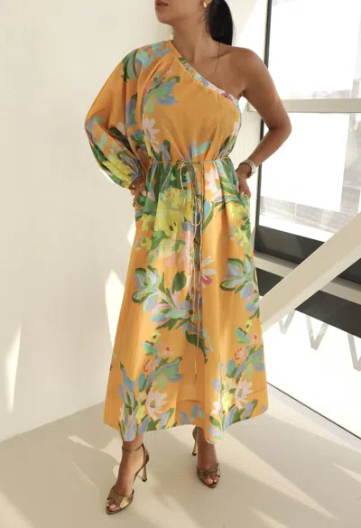 Setre One Shoulder Belted Dress In Floral Print In Yellow