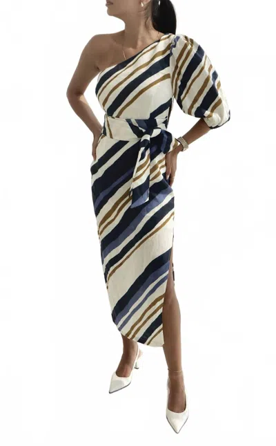 Setre One Shoulder Belted Dress In Print In White