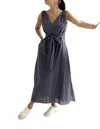 Setre V Neck Belted Dress With Contrast Stitching In Navy In Gray