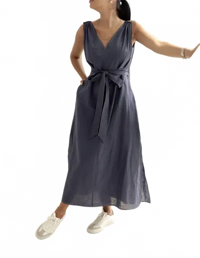 Setre V Neck Belted Dress With Contrast Stitching In Navy In Gray