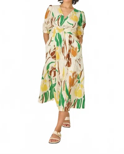 Setre V-neck Sleeve Detailed Waist-seated Linen Dress In Floral Print In Multi