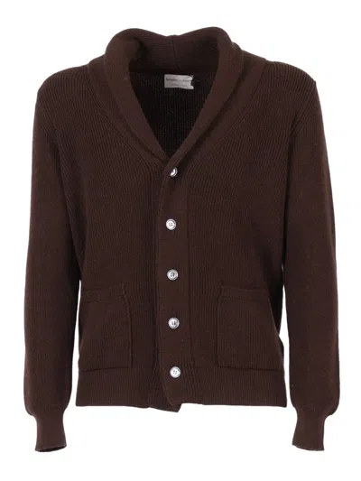 Sette Fili Cashmere Shawl Collar Wool Cardigan With Textured Knit And Front Pockets In Brown