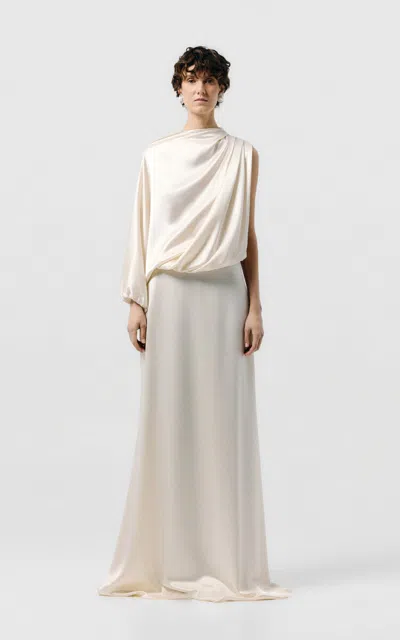 Sev Single-sleeve Draped Satin Dress In Ivory