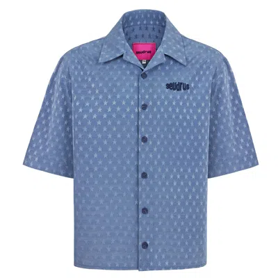 SEVDRUS MEN'S BLUE / GREY UNISEX LOGO EMBROIDERED STARRY SHIRT