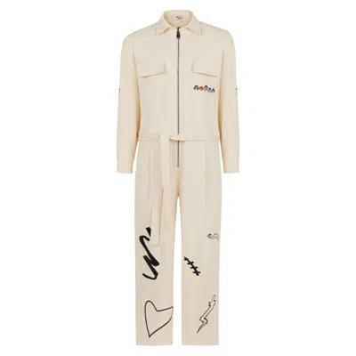 Sevdrus Men's White Unisex Full Embroidered Jumpsuit Scops