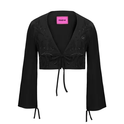 Sevdrus Women's Black Embroidered Crop Cotton Cardigan