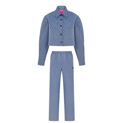 Sevdrus Women's Blue / Grey Logo Embroidered Crop Shirt Sweatpants Set In Blue/grey