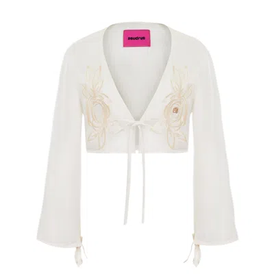 Sevdrus Women's White Embroidered Crop Satin Cardigan