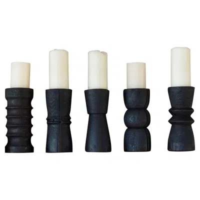 Pre-owned Seven Cedars Co Tall Yakisugi Pillar Candle Holders In Black Primitive By