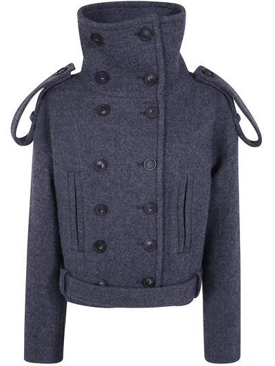 Seven For All Mankind Double Breasted High Neck Short Coat In Blue