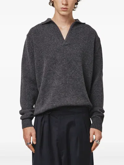 Seven Gauge Knitted Polo Jumper In Grau
