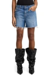 Seven Monroe High Waist Long Cutoff Denim Shorts In Blue
