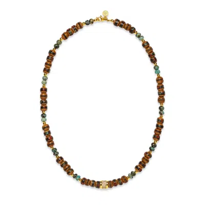 Seven Saints Men's Blue / Brown / Gold Sacred Earth Talisman Necklace - Brown Inlaid Bone Beads - African Turquoi