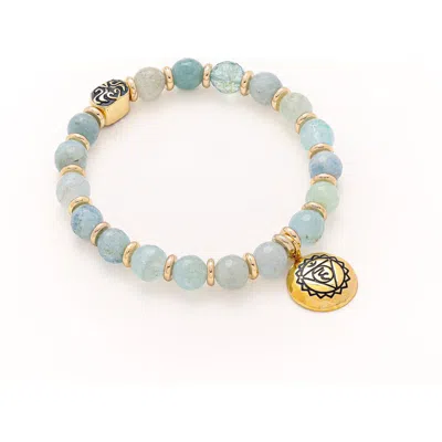 Seven Saints Throat Chakra Aquamarine Activation Stretch Bracelet In Gold