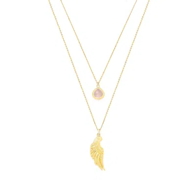 Seven Saints Women's Archangel Chamuel, Angel Of Love Necklace, Rose Quartz, Gold Over Sterling Silver