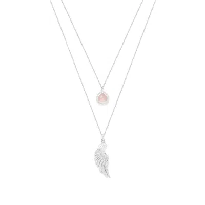 Seven Saints Women's Archangel Chamuel, Angel Of Love Necklace, Rose Quartz, White Rhodium Over Sterling Silver In Metallic