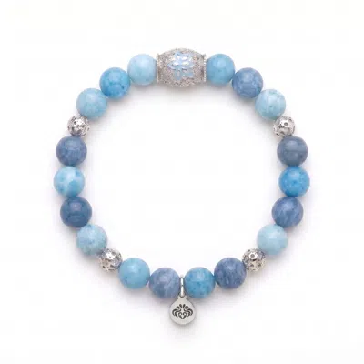 Seven Saints Women's Blue / Silver Tranquil Lotus Larimar Quartz Lotus Beaded Bracelet, White Rhodium In Blue/silver