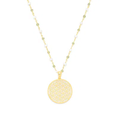 Seven Saints Women's Green / Gold / White Divine Life Force Flower Of Life Necklace, Pearl And Peridot, Gold Plat In Green/gold/white