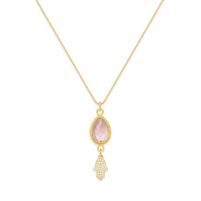 Seven Saints Women's Pink / Gold Heartveil Hamsa Necklace - Rose Quartz - Gold Over Sterling Silver