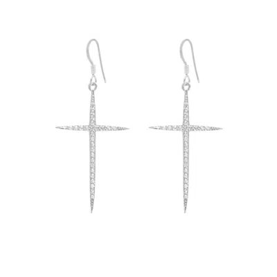 Seven Saints Women's Silver Delicate Pave Cross Earrings, White Topaz, White Rhodium In Metallic
