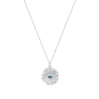 Seven Saints Women's Silver Evil Eye Protection Necklace, Blue Topaz, White Rhodium Plated