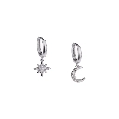 Seven Saints Women's Silver Moon And Star Huggie Hoop Earrings With Drop Charms, White Rhodium Plated