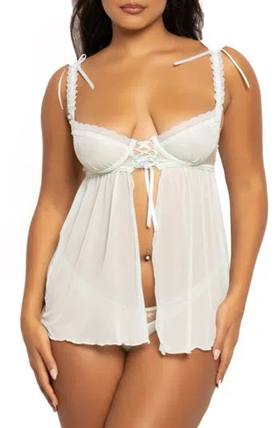 Seven 'til Midnight Seven ‘til Midnight Ditsy Floral Lace Babydoll Chemise & Thong Set In White