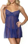 Seven 'til Midnight Seven ‘til Midnight Lace Mesh Babydoll Chemise & Thong Set In Blue