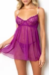 Seven 'til Midnight Seven ‘til Midnight Lace Mesh Babydoll Chemise & Thong Set In Purple