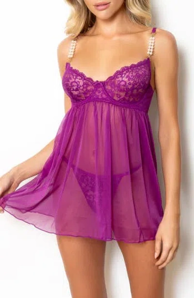 Seven 'til Midnight Seven ‘til Midnight Lace Mesh Babydoll Chemise & Thong Set In Purple