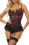 Seven 'til Midnight Seven ‘til Midnight Lace Skirted Basque & Thong Set In Black/wine