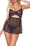 Seven 'til Midnight Seven ‘til Midnight Mesh & Lace Babydoll Chemise & Panty Set In Black
