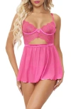 Seven 'til Midnight Seven ‘til Midnight Mesh & Lace Babydoll Chemise & Panty Set In Pink