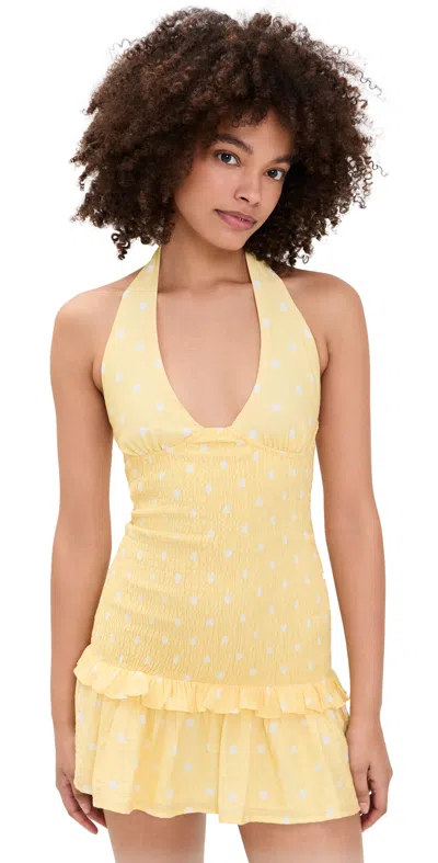 Seven Wonders Fleur Shirred Halter Mini Dress Lemon White Polka In Yellow