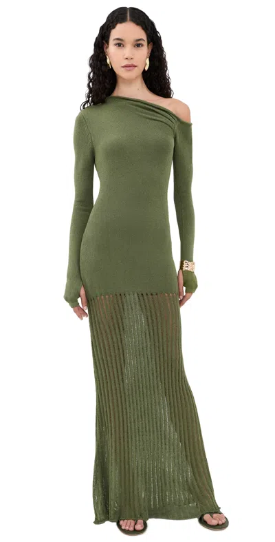 Seven Wonders Greta One Shoulder Knit Maxi Dress Khaki In Green