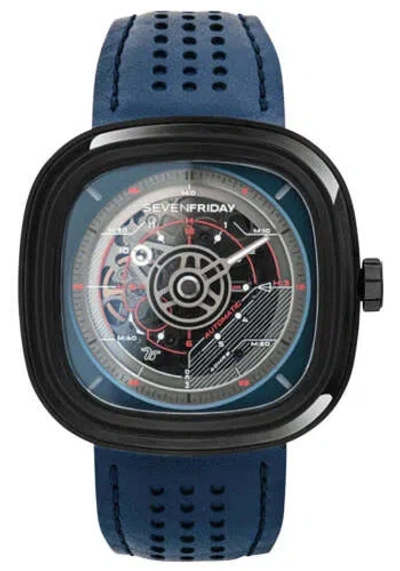 Pre-owned Sevenfriday T-series Automatic Black Pvd Blue Leather Mens Watch T3/03