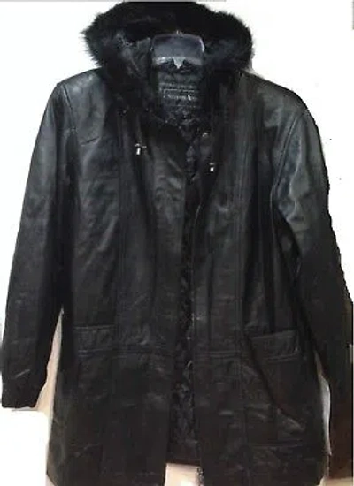Pre-owned Seventh Ave Women's Winter Black Leather Lambskin Hooded Faux Fur Jacket Coat Plus Size L