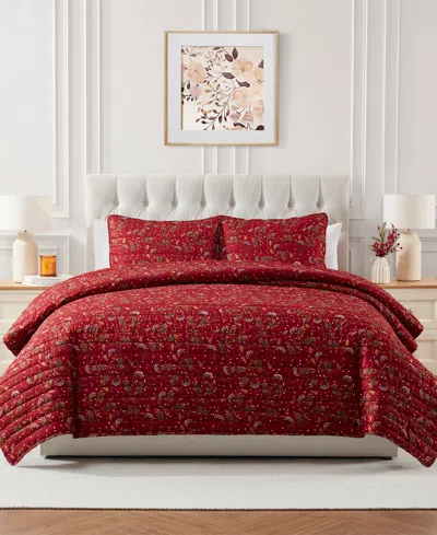 Seventh Studio Ivvy Botanical-print Pinsonic Microfiber 3-pc. Quilt Set, Full/queen In Red