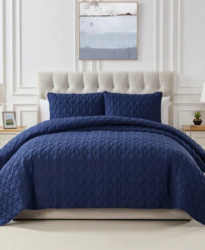 Seventh Studio Leaf Solid Pinsonic Microfiber 3-pc. Quilt Set, King In Navy