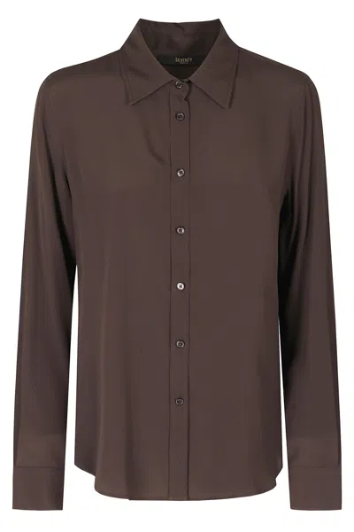 Seventy Brown Classic Collar Extended Back Hem Silk Shirt