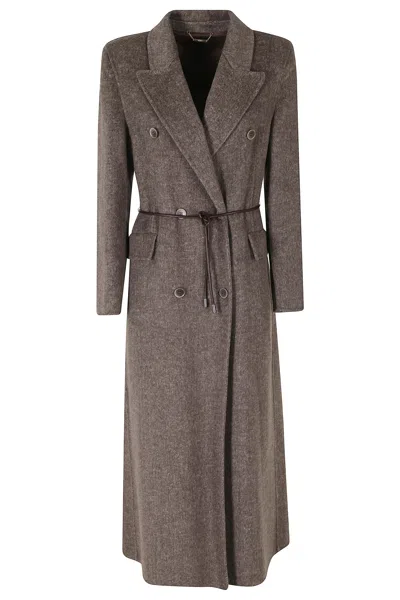 Seventy Brown Double-breasted Removable Leather Belt Wool Coat In Gray