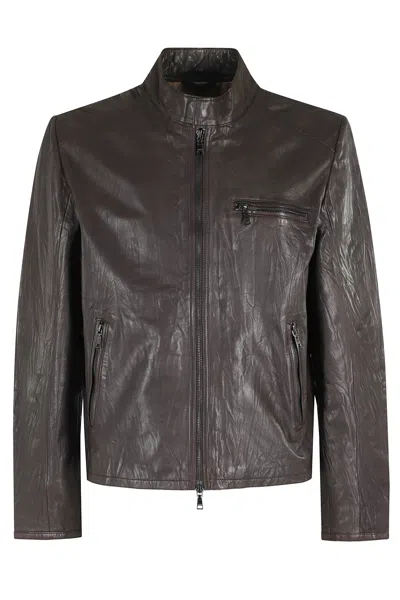 Seventy Brown Round Neck Flap Pocket Leather Jacket In Multi